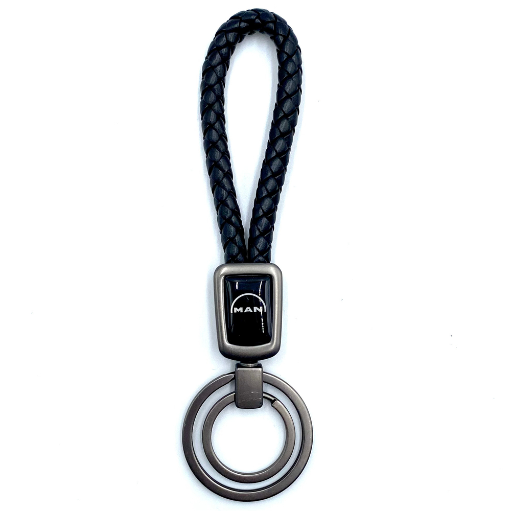 Брелок для ключей кожаный с эмблемой Man (кожзам, косичка, двойное кольцо, черный цвет)