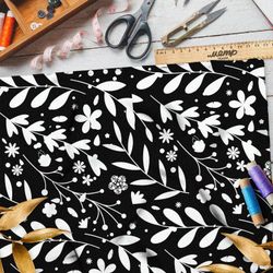 Ткань габардин белая трава на чёрном фоне