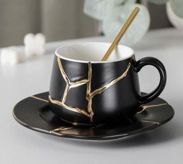 Чайная пара «Кракле с золотом», чашка 230 мл, блюдце, ложка, цвет черный