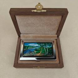 Визитница металлическая персональная "Русские березки" (ручная роспись Палех)