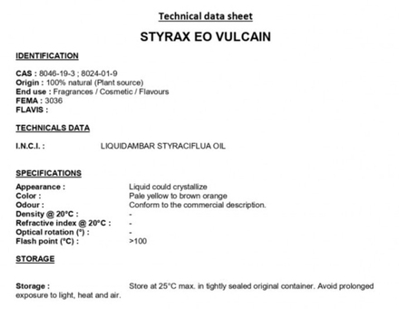 STYRAX VULCAIN eo 50% in TEC / СТИРАКС ВУЛКАНИЧЕСКИЙ э.м.CAS 8046-19-3; 8024-01-9