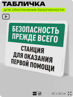 Табличка для обеспечения безопасности "Безопасность прежде всего, станция оказания первой помощи", для офиса, по охране труда для предприятия, организаций, 40х30 см, Айдентика Технолоджи