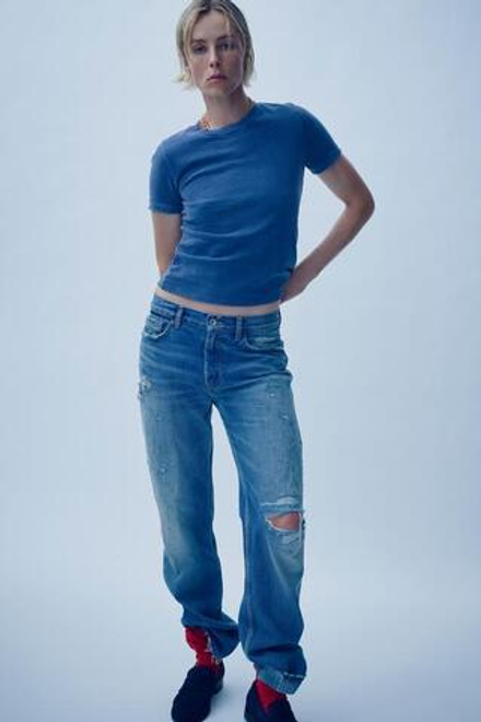 ZARA ДЖИНСЫ TRF ПРЯМОГО КРОЯ СО СРЕДНЕЙ ПОСАДКОЙ И РАЗРЕЗАМИ, ГОЛУБОЙ