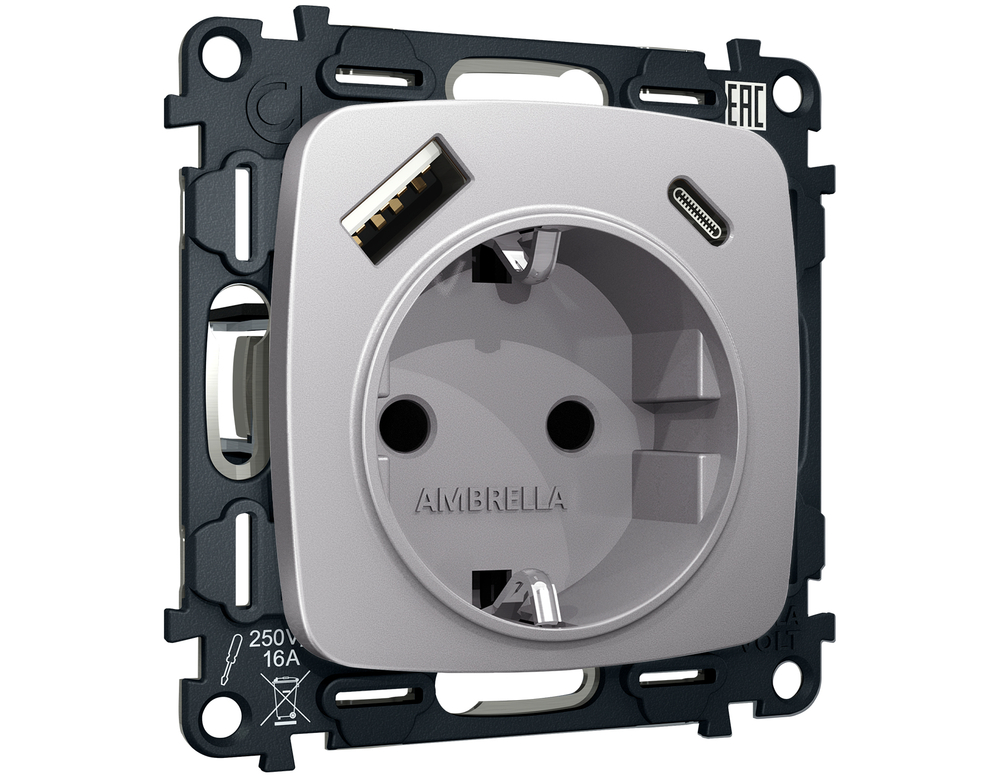 MO510010 Комплект механизма электрической розетки OMEGA Сталь матовый 2USB A+C 20W (быстрая зарядка) с/з QUANT (OP5100, VM160)