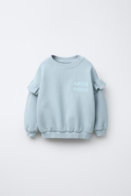 ZARA ТОЛСТОВКА С ВАФЕЛЬНЫМ УЗОРОМ И НАДПИСЬЮ, СЕРЫЙ/СИНИЙ