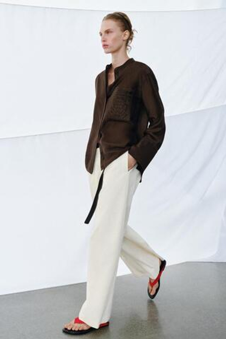 ZARA РУБАШКА С ВЫШИВКОЙ И КАРМАНОМ — ZW COLLECTION, КОРИЧНЕВЫЙ