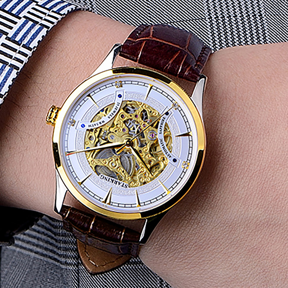 STARKING Automatic Mechanical Movement Stainless Steel Watchband Watch Men"s Watches Skeleton Dial
