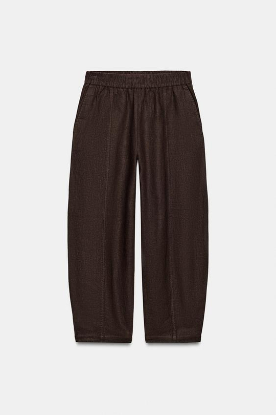ZARA БРЮКИ BARREL ИЗ ЛЬНА, КОРИЧНЕВЫЙ