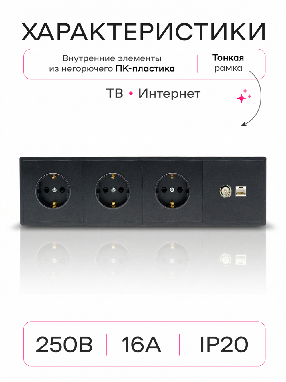 Розетка внутренняя тройная с ТВ и интернет черная