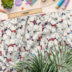 Ткань кулирная гладь белые пышные цветы на голубом фоне