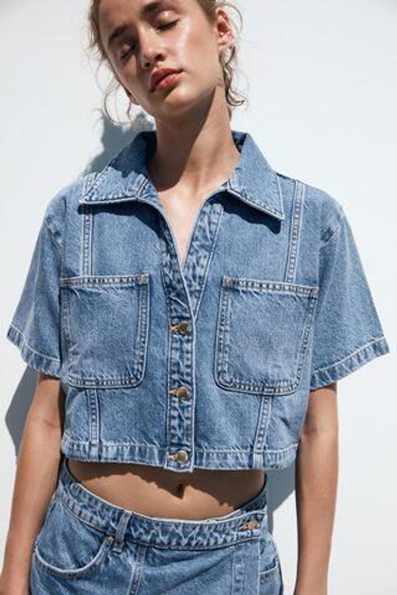 ZARA УКОРОЧЕННАЯ ДЖИНСОВАЯ РУБАШКА Z1975, ВЫЦВЕТШИЙ СИНИЙ