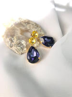 Серьги из двойных кристаллов, круг и капля, оттенок синий и желтый