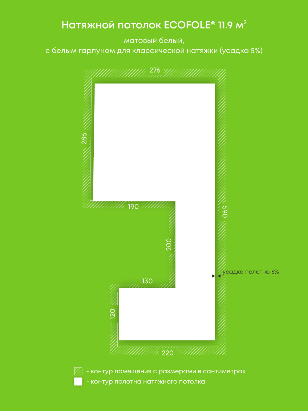 Матовый натяжной потолок 11.9 м2