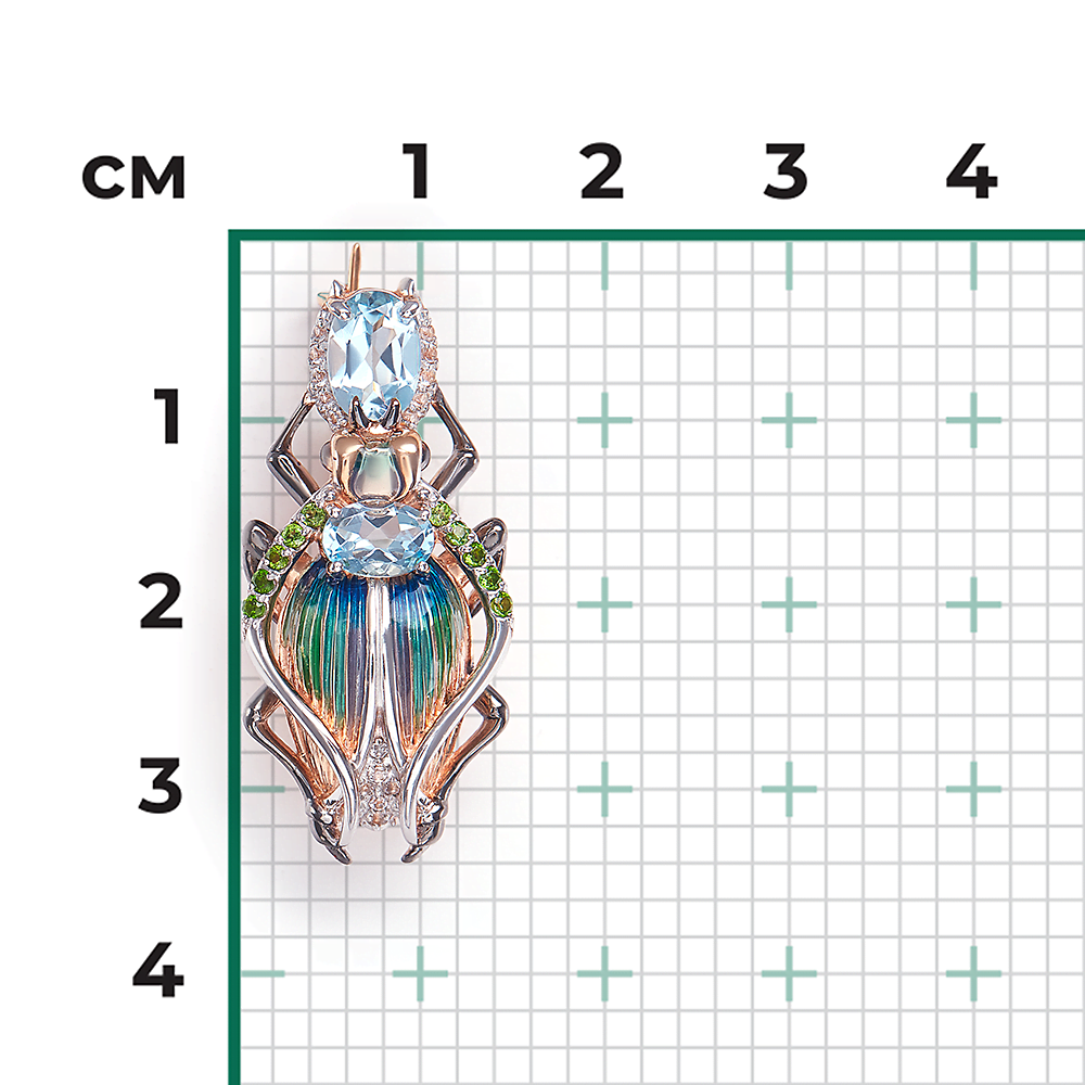 Брошь «Жук» из красного золота c топазами, хромдиопсидами, натуральными топазами white и эмалью Артикул: 04-0216-00-713-1110-57