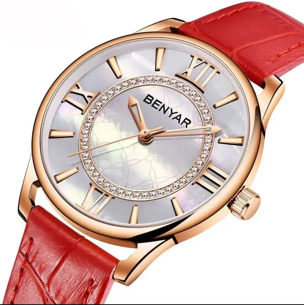 Часы наручные кварцевые BENYAR на кожаном ремешке, золотистый/красный W9940-01