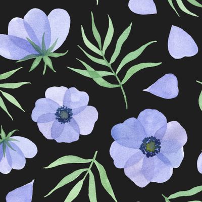 Фиолетовые цветочки с веточками на черном фоне