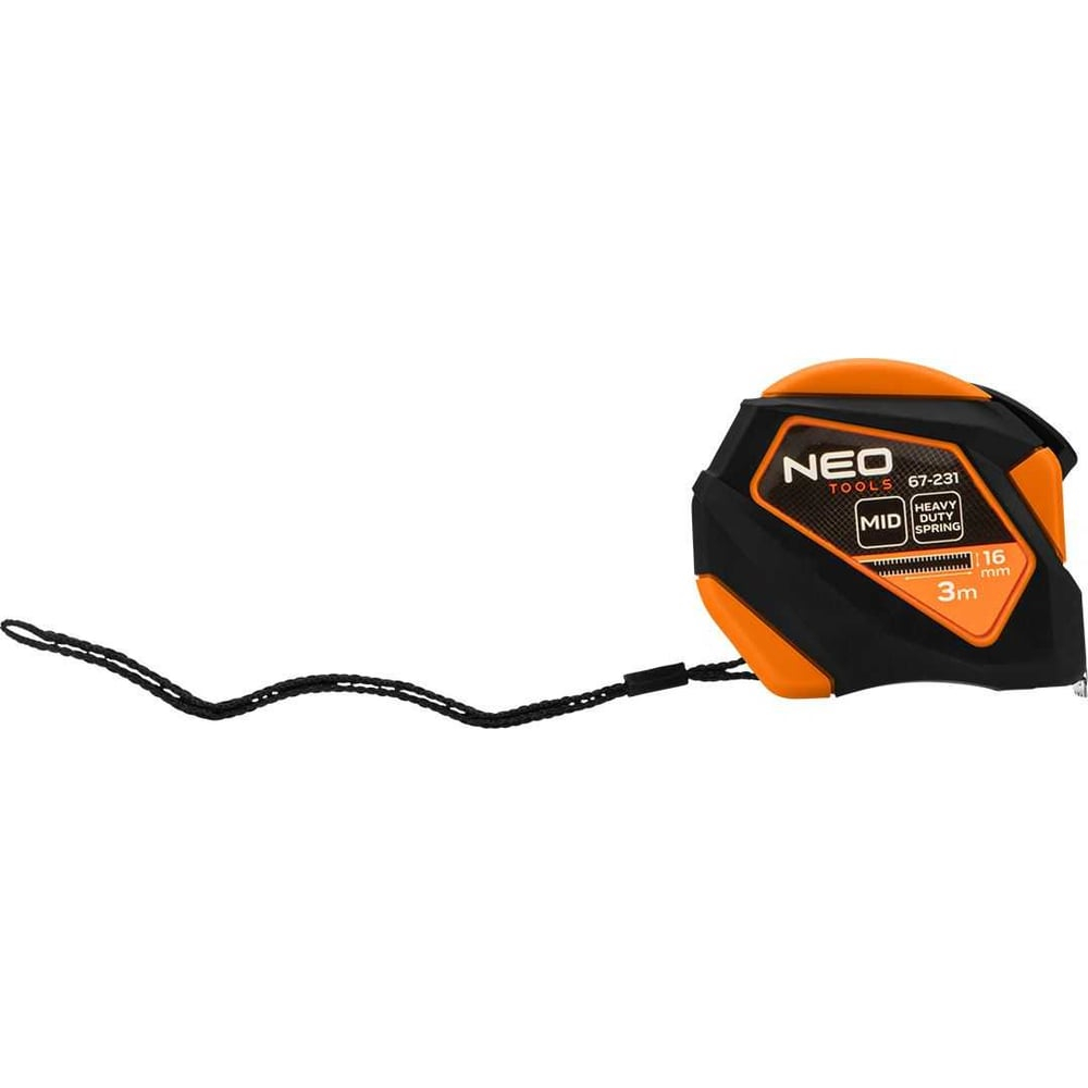 Стальная рулетка NEO TOOLS 3 м, 16 мм, автоблокировка, кнопка остановки, магнит 67-231
