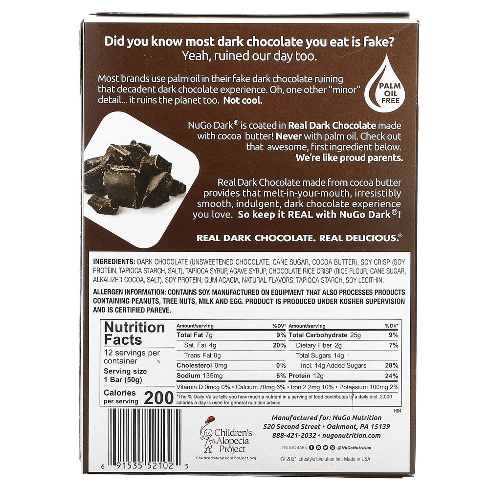 NuGo Nutrition, NuGo Dark®, протеиновые батончики, шоколадная крошка, 12 батончиков, 50 г (1,76 унции)