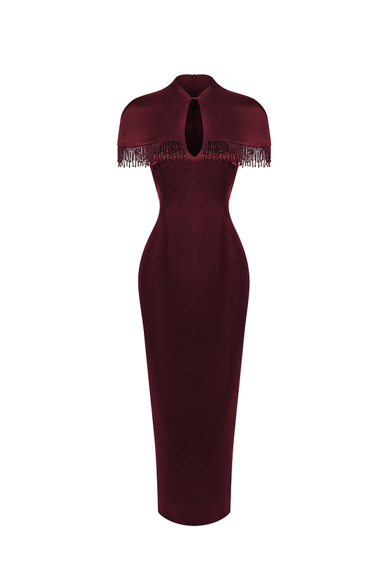 Платье миди из сатина с отделкой из бахромы