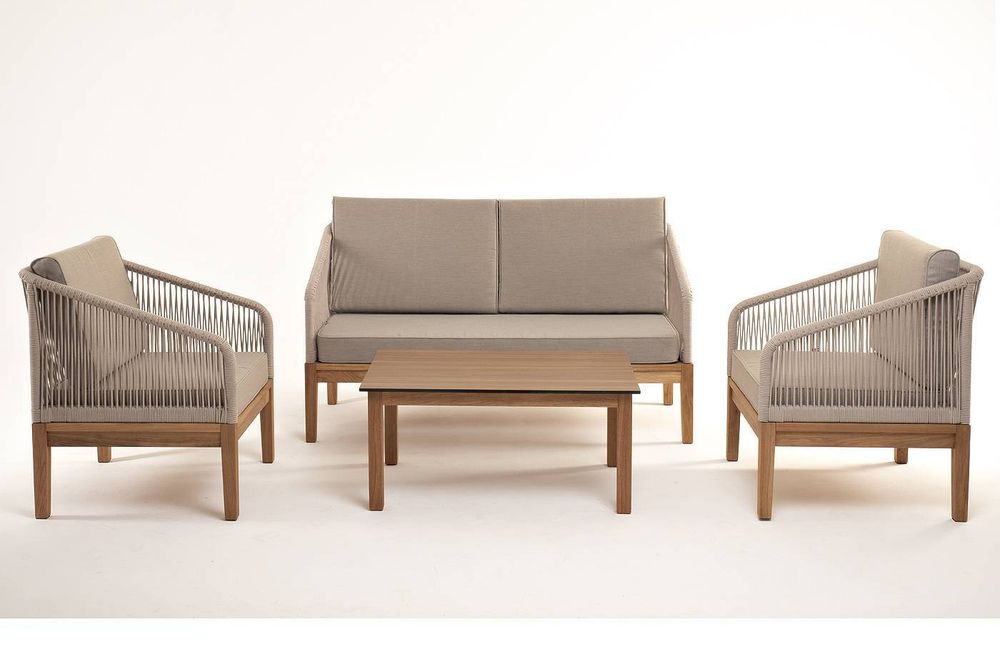 "Канны" лаунж-зона 4-местная из роупа со столиком "Канны" цвета "дуб", основание дуб, роуп бежевый