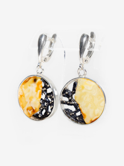 Уникальные серебряные серьги с цельным пейзажным янтарем, серебро 925 пробы