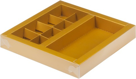 Коробка для конфет 8 шт (20х20х3 см) + для шокладной плитки (16х8 см) с окном золотая