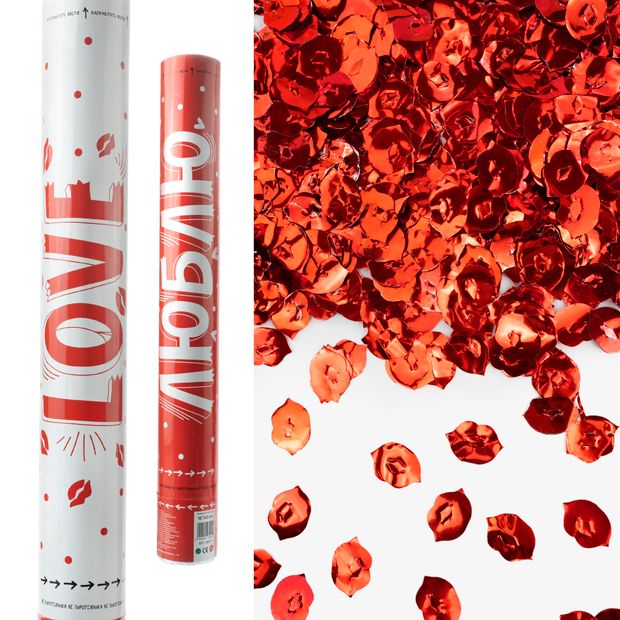 Пневмохлопушка (16/40 см), Любовь, Поцелуи фольга, Красный, 1 шт.