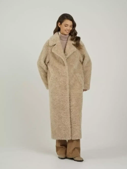 Шуба чебурашка длинная из овечьей шерсти, бежевая, SilverFox