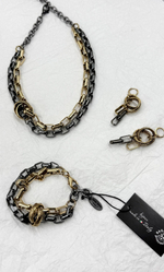 Колье двойная цепь из звеньев скрепок с шайбой, оттенок золото и графит