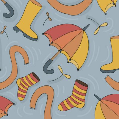 осенние зонтик, резиновые сапоги и шарф в воде