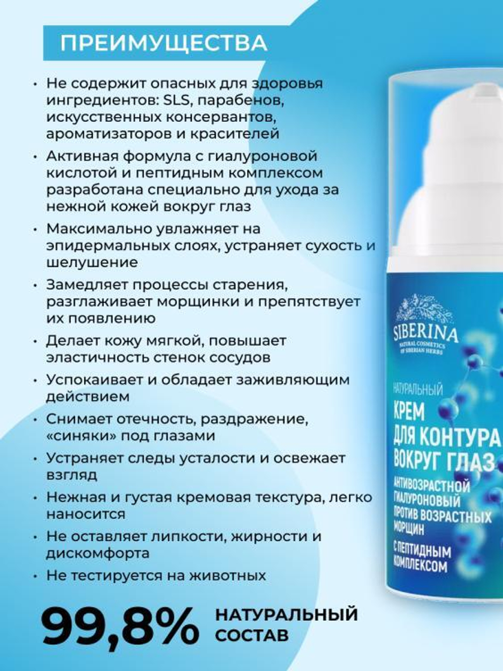 Антивозрастной гиалуроновый крем для контура вокруг глаз Siberina с пептидным комплексом против возрастных морщин, 30 мл