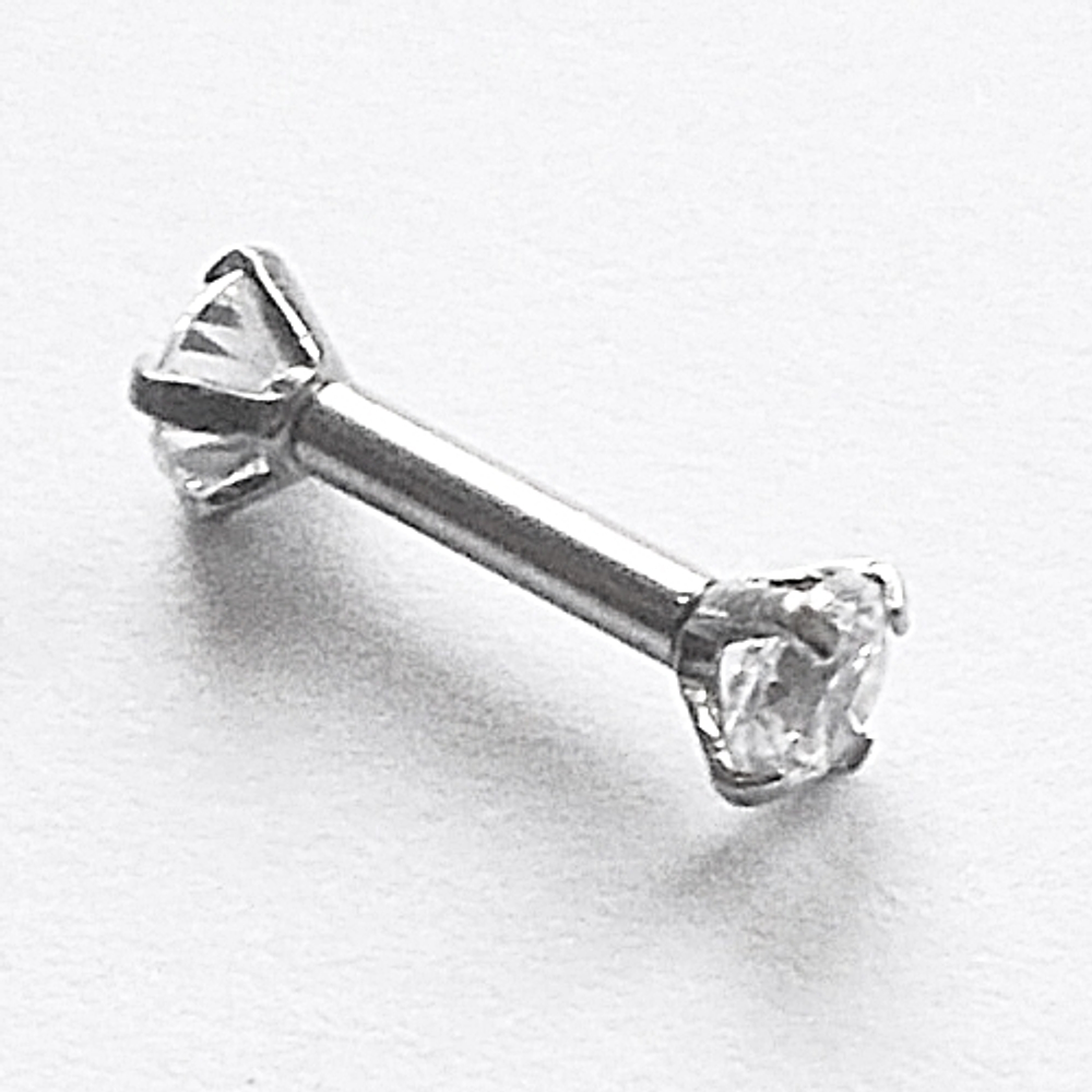 Штанга с двумя белыми кристаллами для пирсинга хряща уха. Медицинская сталь. Горный хрусталь. 1 шт