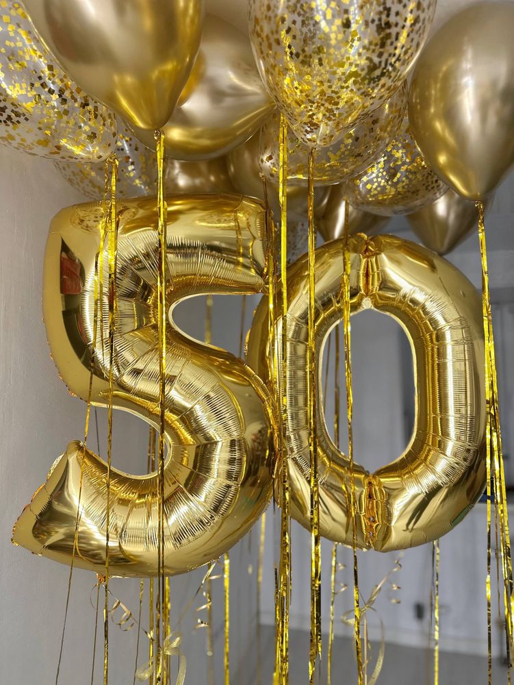 Воздушные гелиевые шары на Юбилей цифры 50 золото хром №4570