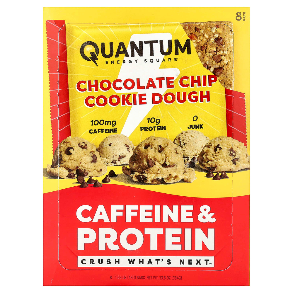 Quantum Energy Square, протеиновый батончик с кофеином, печенье с шоколадной крошкой, 8 батончиков по 48 г (1,69 унции)