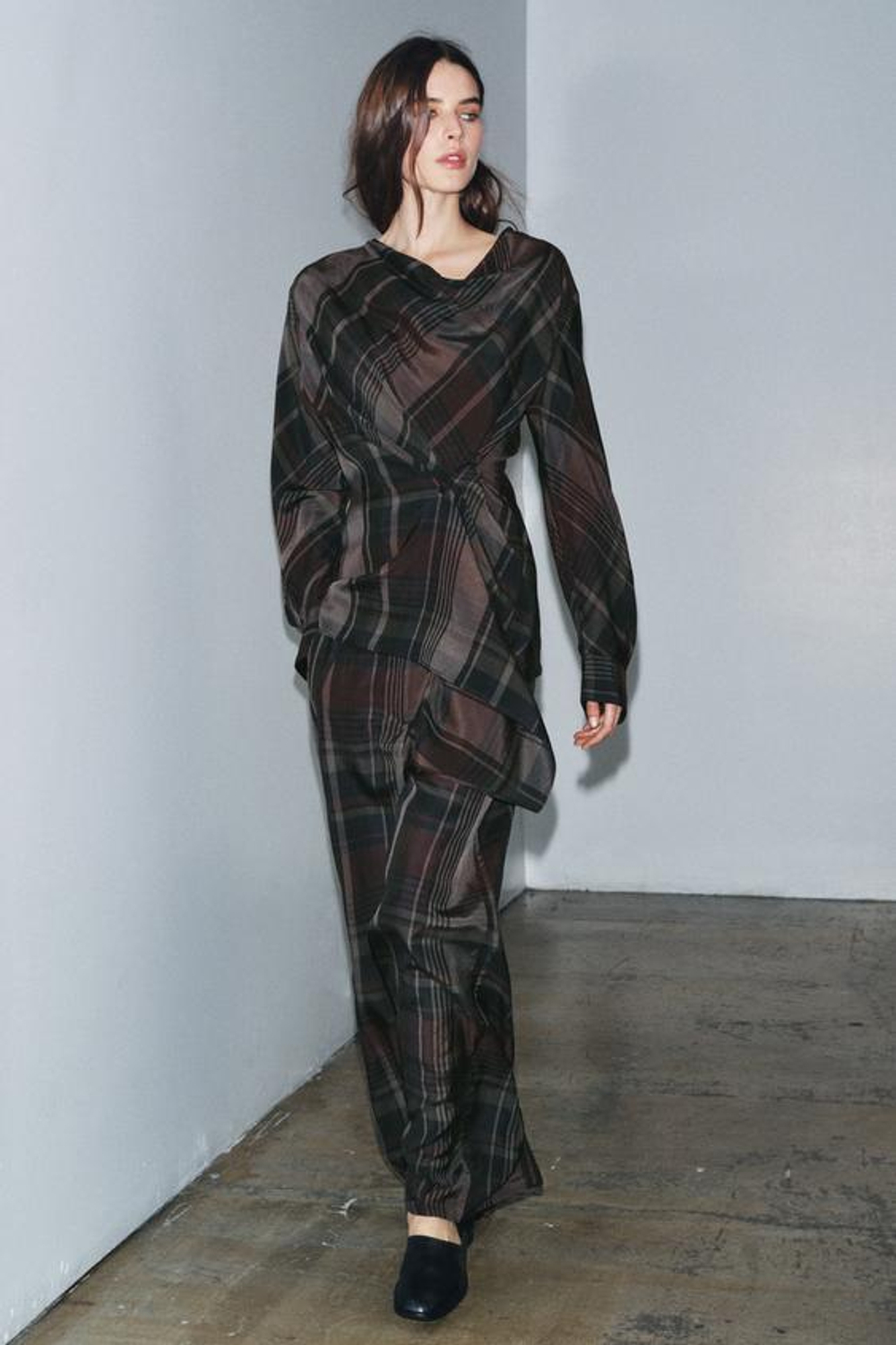 ZARA БРЮКИ-БАЛЛОНЫ В КЛЕТКУ ZW COLLECTION, СИНИЙ