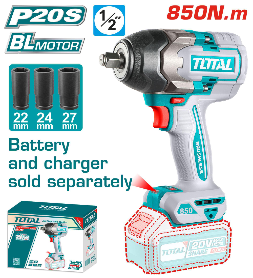Аккумуляторный ударный гайковерт 20в 850НМ 1/2 TIWLI20851 TOTAL без ауб и зу