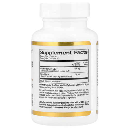 California Gold Nutrition, птеростильбен плюс с порошком из лесной голубики, 60 растительных капсул