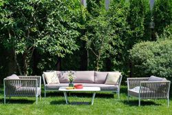 "Касабланка" диван 3-местный плетеный из роупа, каркас алюминий белый муар, роуп бежевый 20мм, ткань бежевая 052