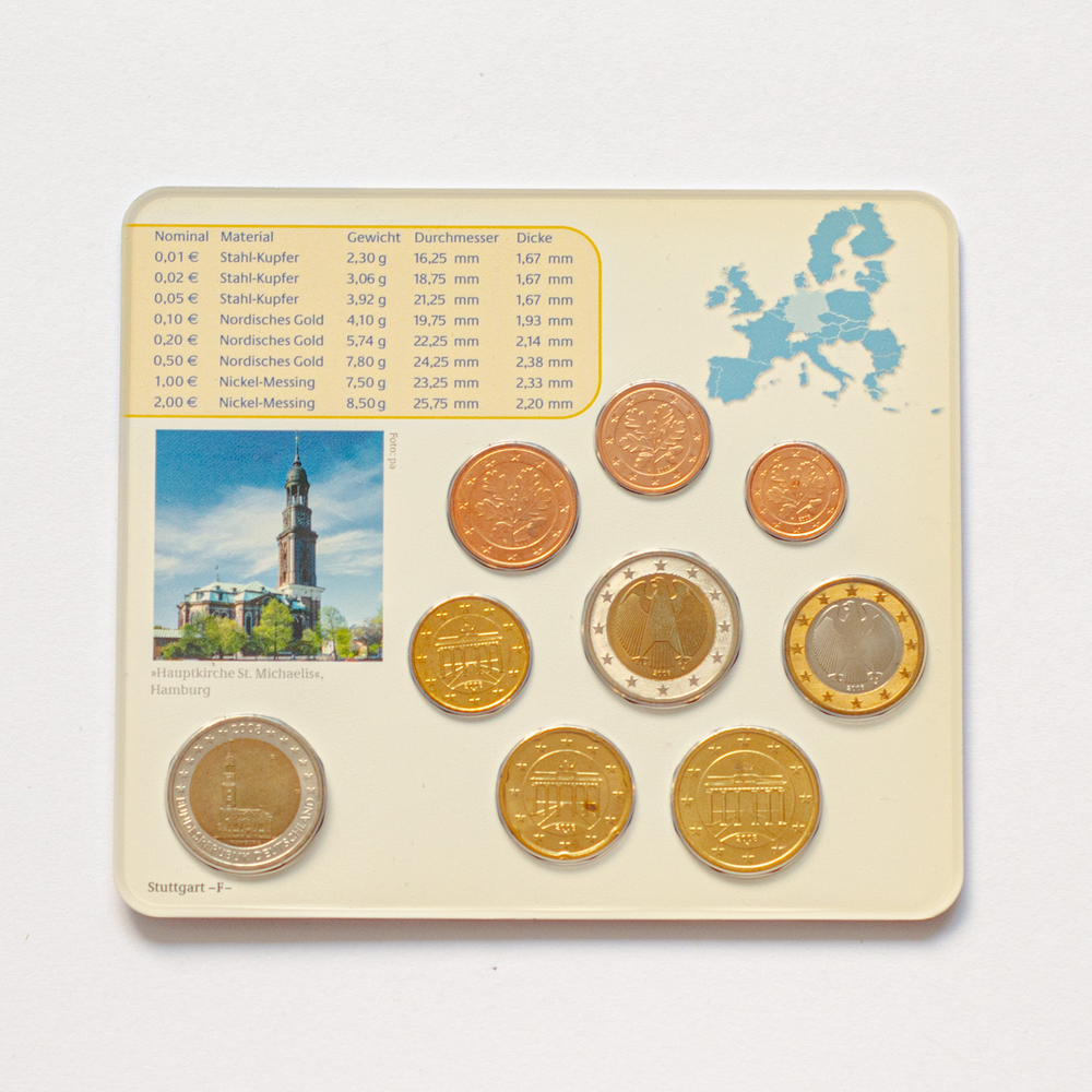 Germany 2008 Year Set (F: Stuttgart) + 2 Euro: "St. Michaelis' Church (Hamburg)"