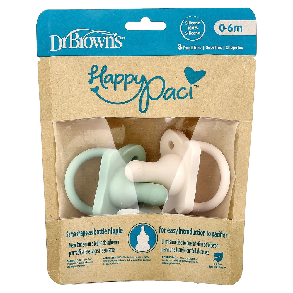 Dr. Brown's, HappyPaci™, соска для детей 0–6 месяцев, зеленый, серый и бежевый, 3 шт.
