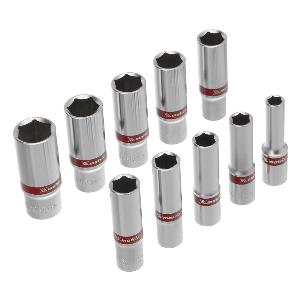 Набор удлиненных торцевых головок 3/8", 6 гранные, CrV, 8-19мм, 10 штук Matrix
