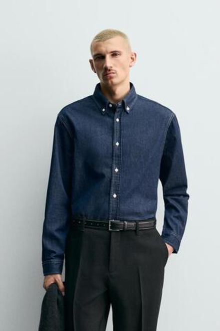 ZARA ДЖИНСОВАЯ РУБАШКА ИЗ ХЛОПКА И КАШЕМИРА, СИНИЙ