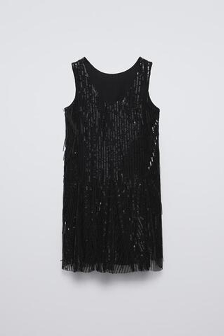 ZARA ПЛАТЬЕ С ПАЙЕТКАМИ И БАХРОМОЙ, ЧЕРНЫЙ