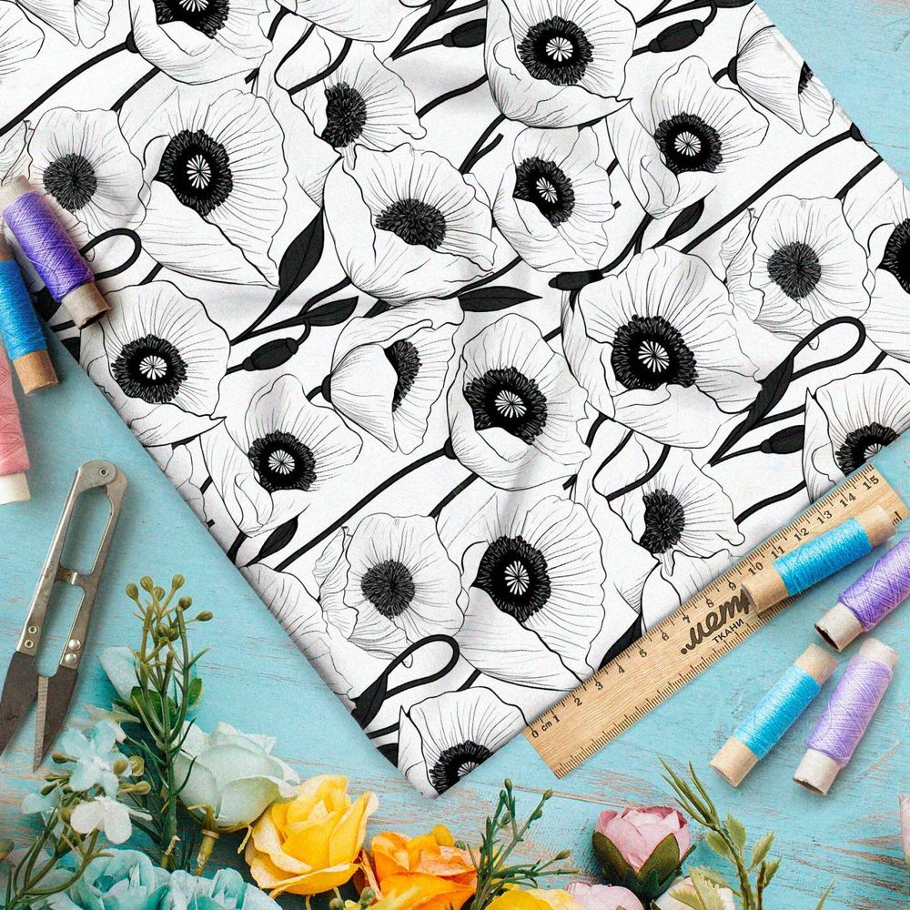 Ткань премиум бифлекс крупные черно-белые  маки