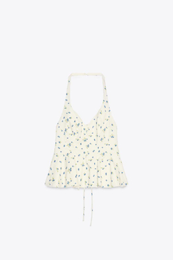 ZARA ТОП ИЗ ПОПЛИНА С ЦВЕТОЧНЫМ ПРИНТОМ И ГОРЛОВИНОЙ ХАЛТЕР, ЭКРЮ/СИНИЙ