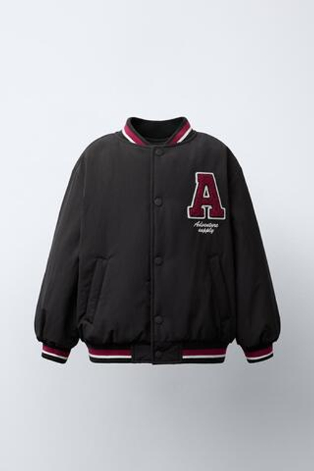 ZARA БОМБЕР С ПОДКЛАДКОЙ ИЗ ИСКУССТВЕННОЙ ОВЧИНЫ С НАШИВКОЙ, ТЕМНЫЙ АНТРАЦИТ