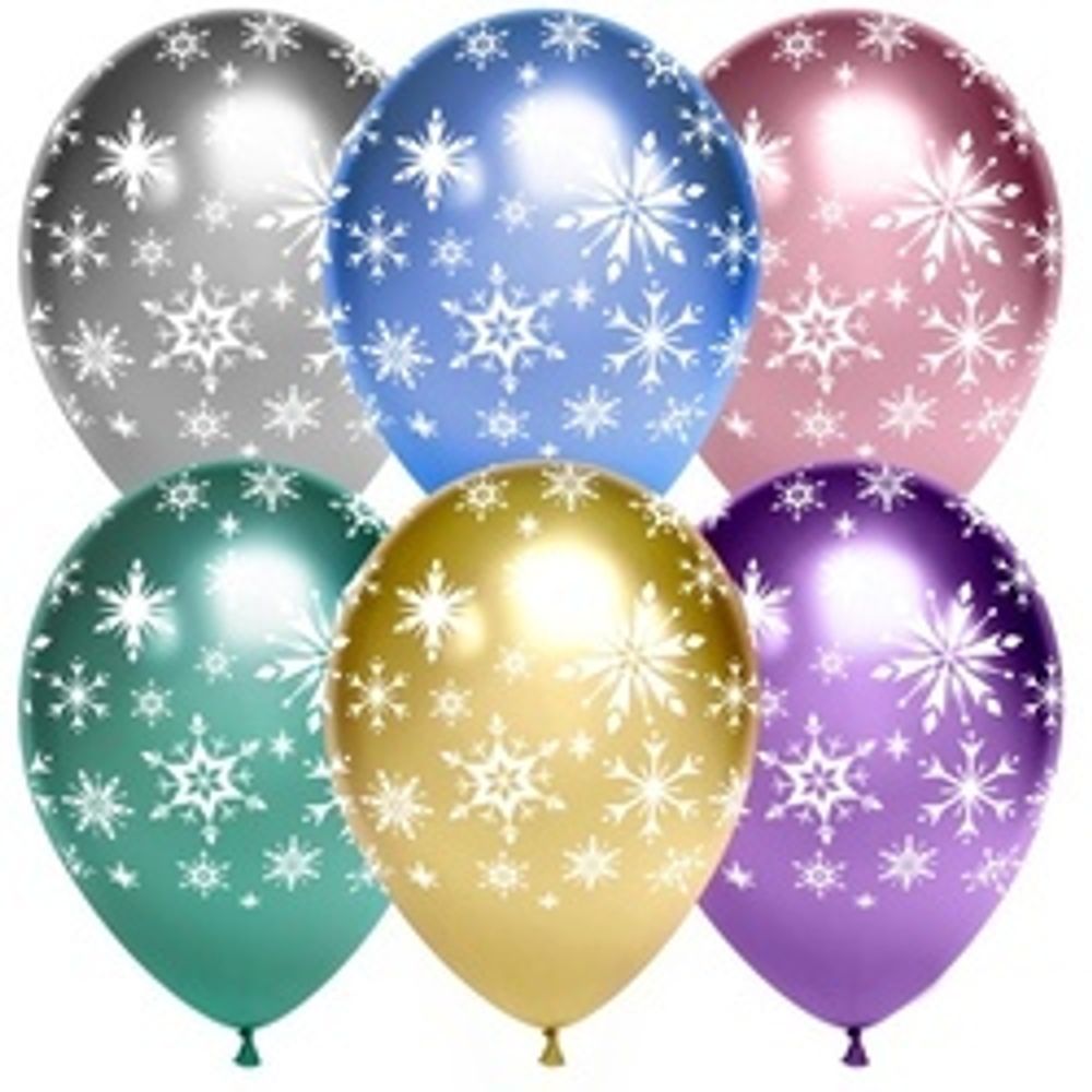 Шар (12''/30 см) Искры снежинок, Ассорти, хром, 5 ст 25 шт.