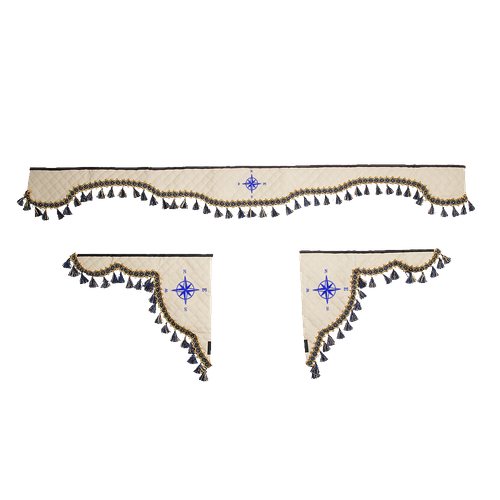 Ламбрекен с косынками универсальные стеганые Роза Ветров (экокожа, бежевый, синие кисточки)