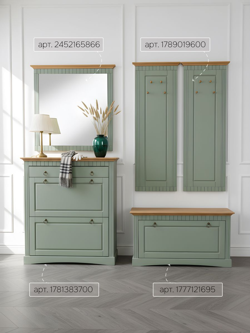 Обувница для прихожей, 87х21х97, Неаполь, тумба для обуви в прихожую, 2 двери 1 ящик, сосна, зеленый эвкалипт, Dipriz