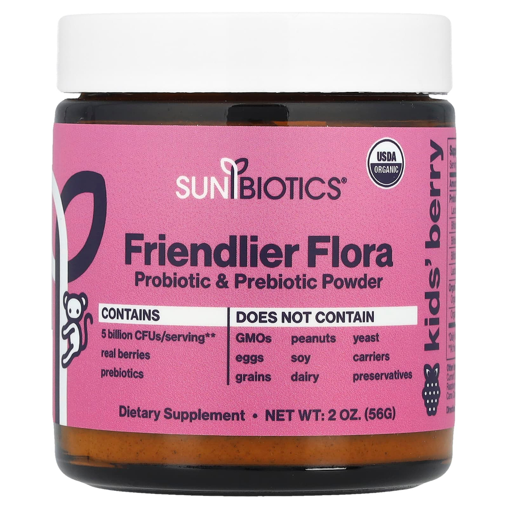 Sunbiotics, Kids Friendlier Flora, пробиотики и пребиотики в порошке, ягоды, 5 млрд КОЕ, 56 г (2 унции)